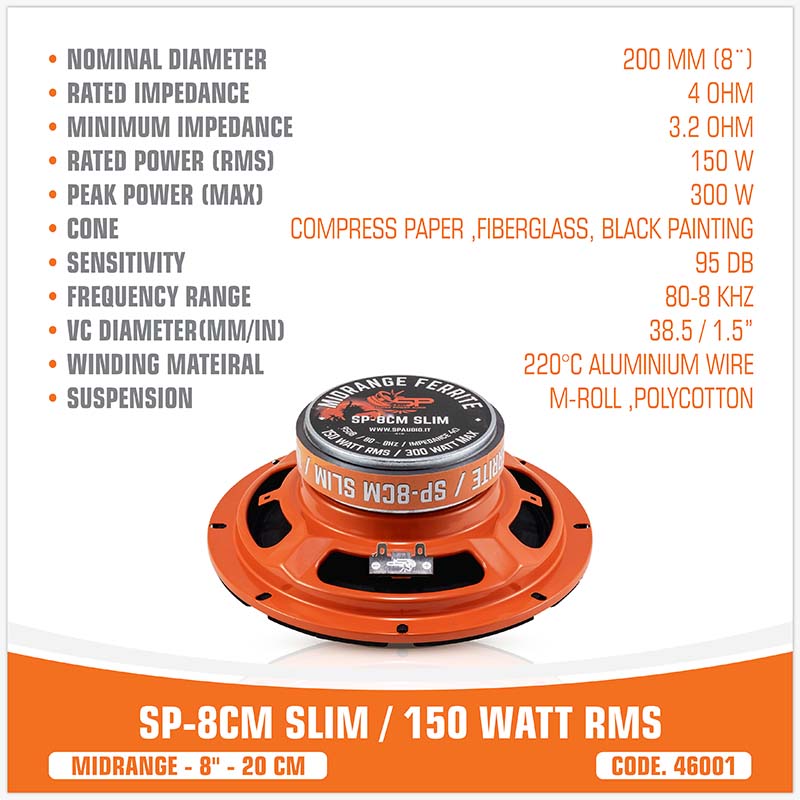 SP 8CM SLIM MIDRANGE SUPER SLIM 8"/20CM 150W RMS (PAIR PRICE)