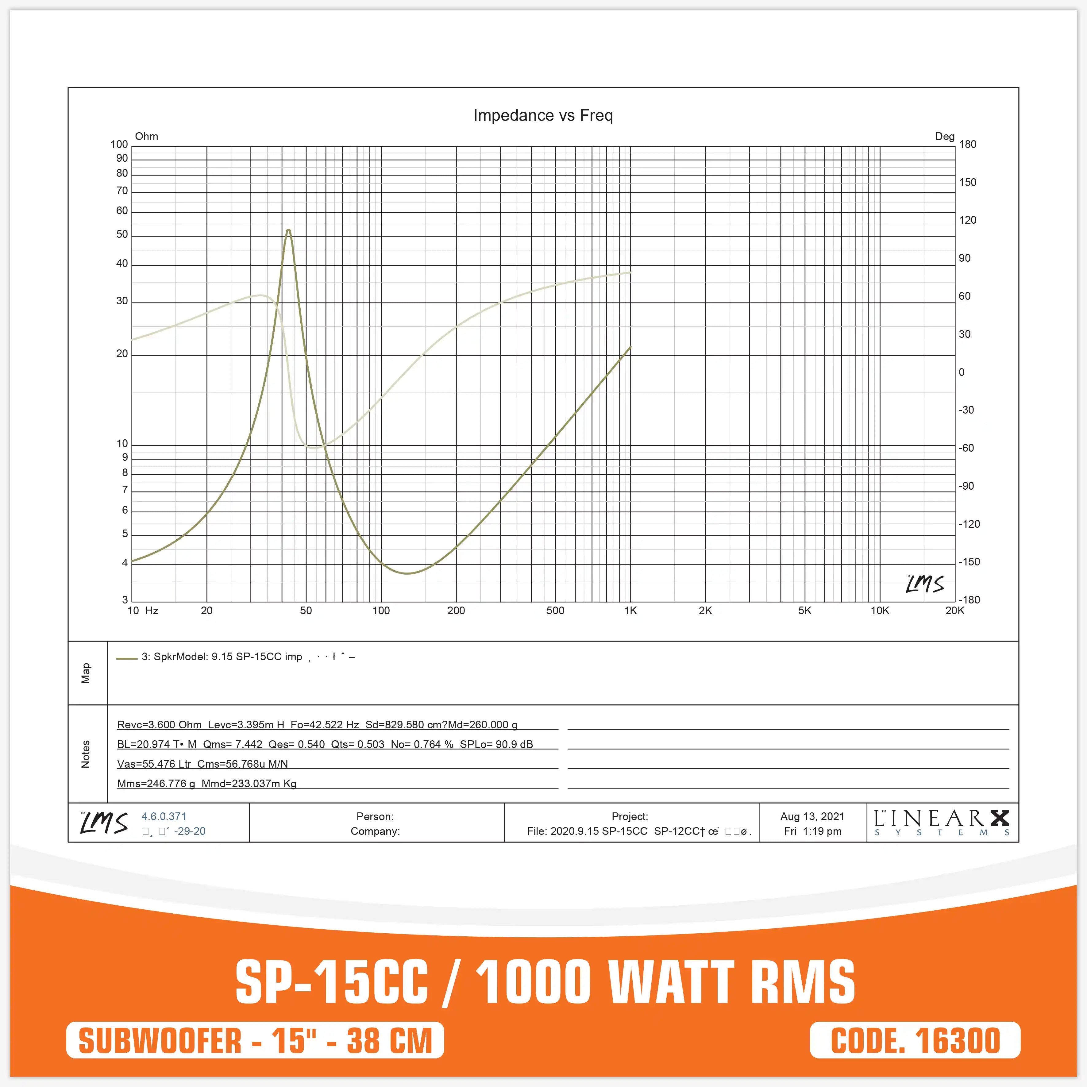 SP 15CC SUBWOOFER 15"/38CM 1000W RMS (PRIX UNIQUE)