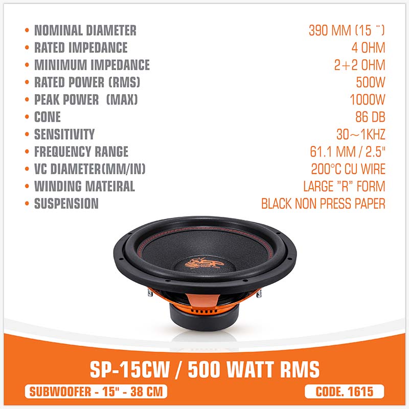 SP 15CW ENTRY LEVEL SUBWOOFER 15"/38CM 400W RMS (UNIT PRICE)