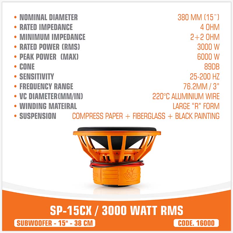 SP 15CX SUBWOOFER 15"/38CM 3000W RMS (UNIT PRICE)