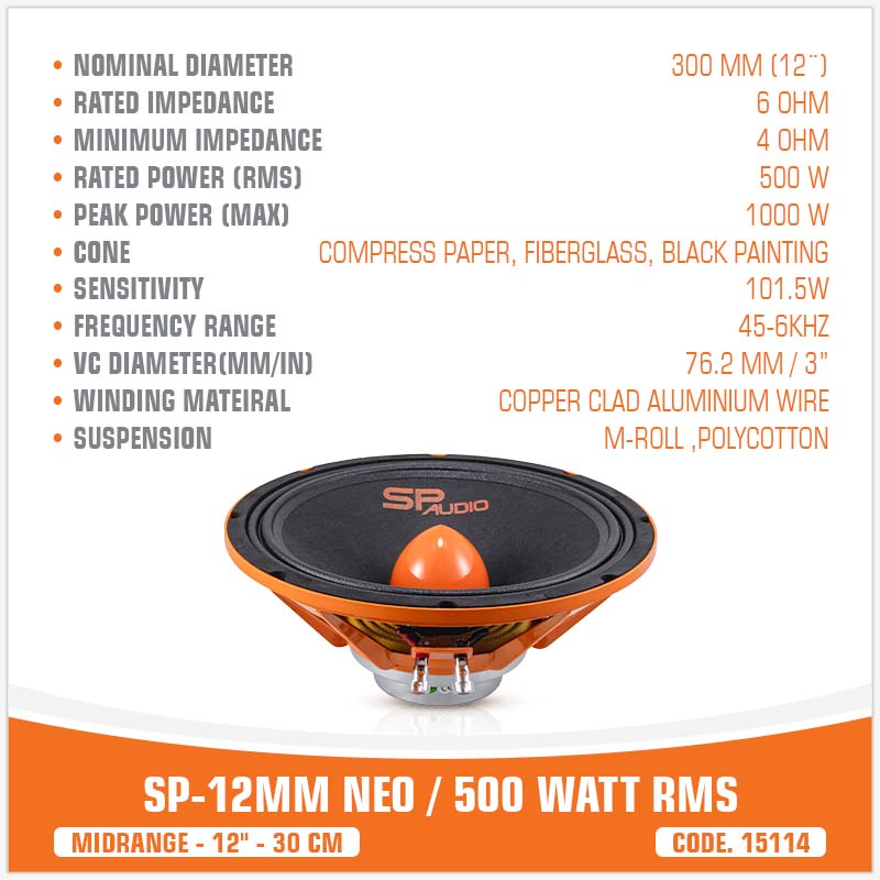 SP 12MM NEO MIDRANGE ESTREMO 12"/30CM MAGNETE NEODIMIO 500W RMS (PREZZO UNITARIO)
