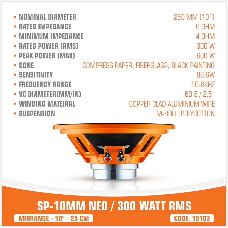 SP 10MM NEO MIDRANGE EXTREME 10"/25CM NEO MAGNET 300W RMS (UNIT PRICE)