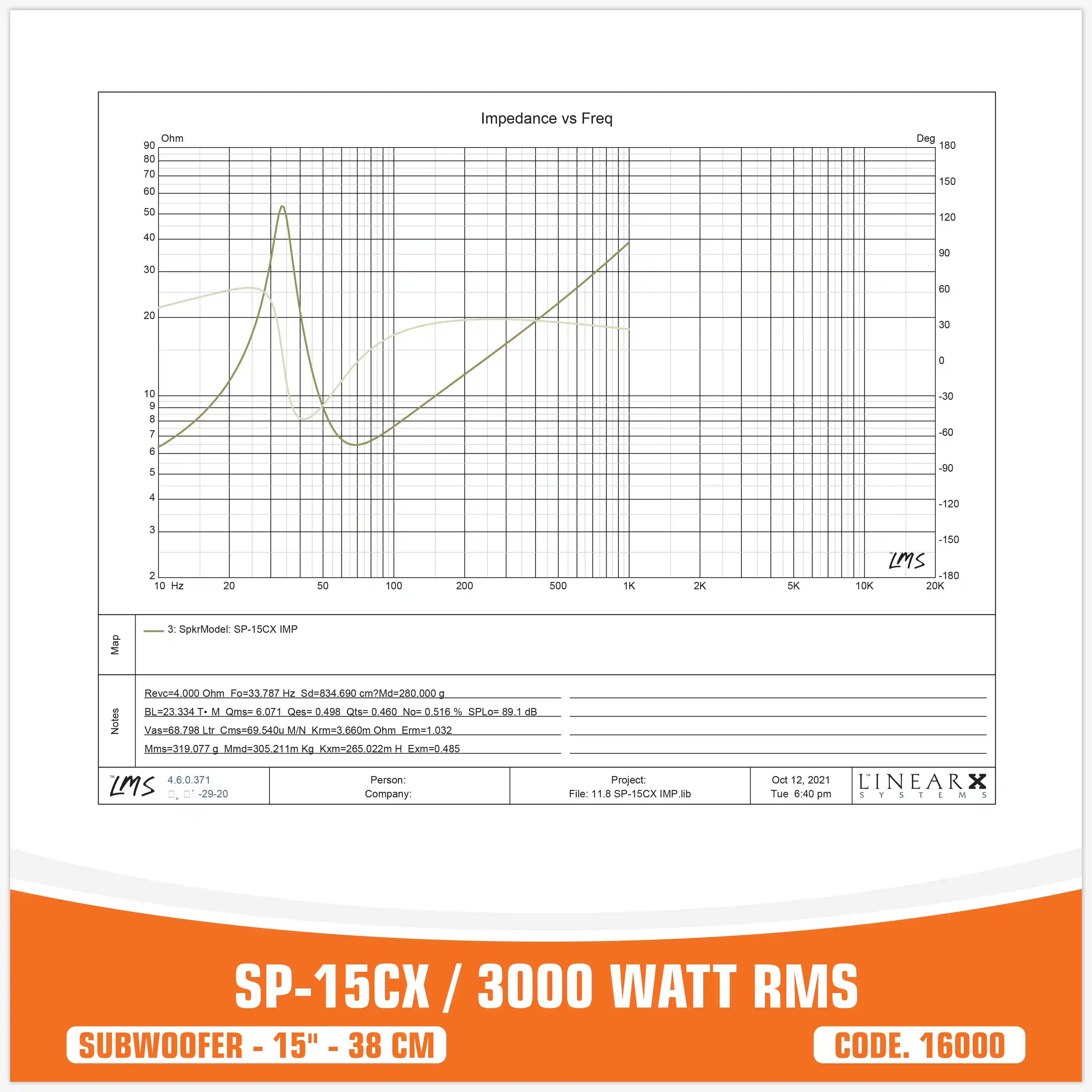 SP 15CX SUBWOOFER 15"/38CM 3000W RMS (UNIT PRICE)