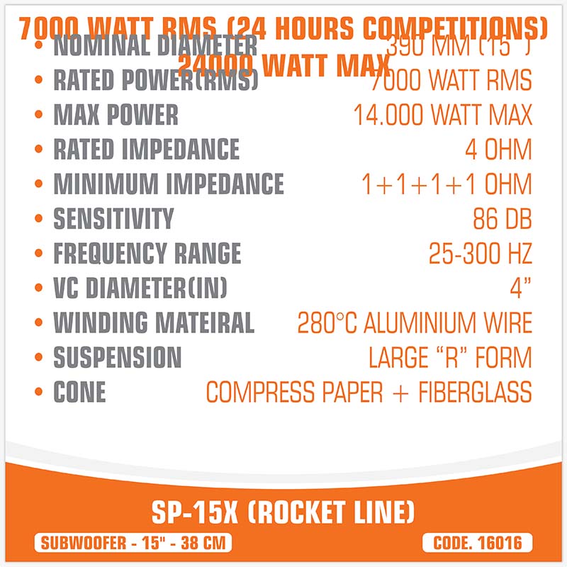 SP 15X ROCKET LINE SUBWOOFER 15"/38CM SPL 7000+ RMS (PRECIO UNITARIO)