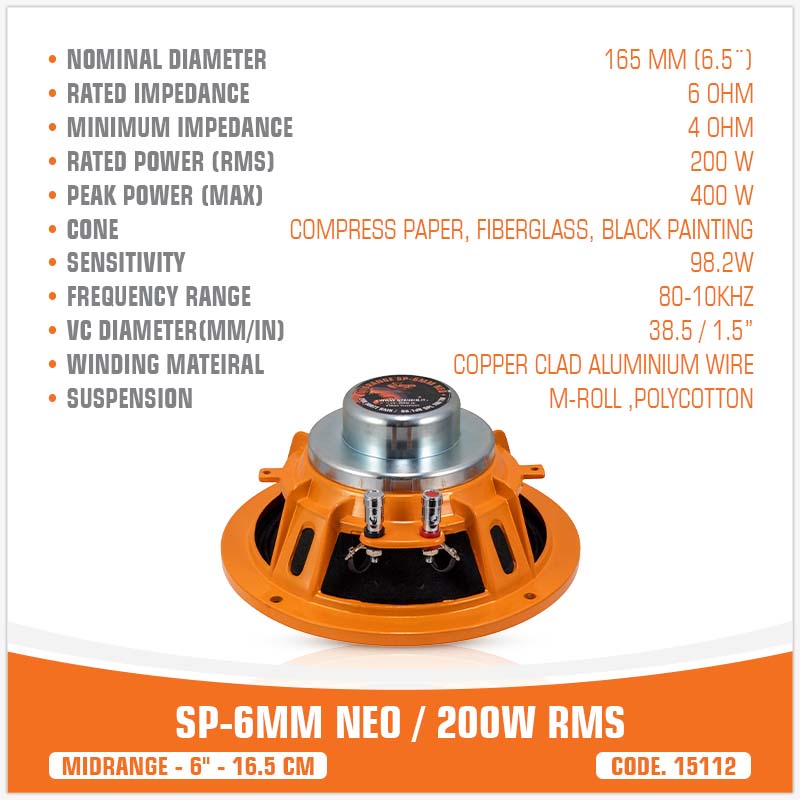 SP 6MM NEO MIDRANGE ESTREMO 6,5"/16,5CM MAGNETE NEODIMIO 200W RMS (PREZZO SINGOLO)