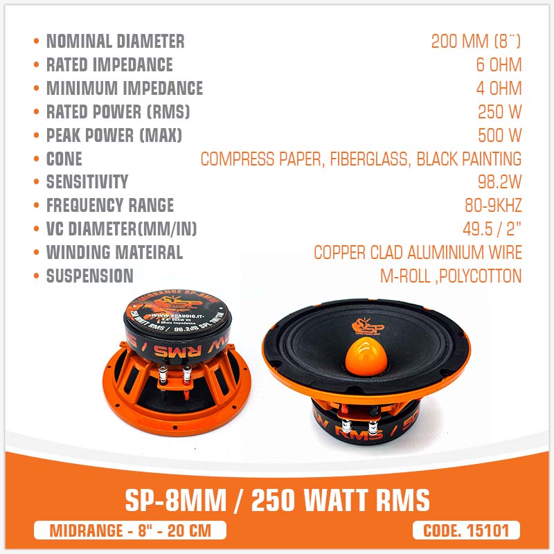 SP 8MM MIDRANGE EXTREME 8"/20CM 250W RMS (PREZZO PER COPPIA)