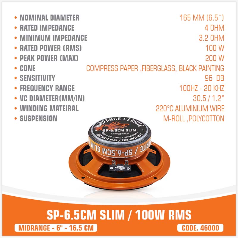 SP 6.5CM SLIM MIDRANGE SUPER BASSO 6,5"/16,5CM 100W RMS (PREZZO COPPIA)